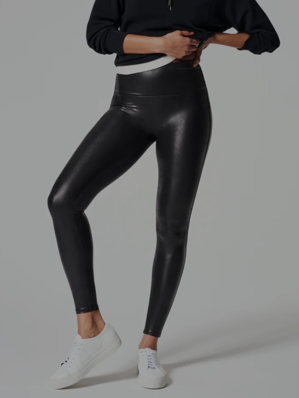 SPANX Black Faux Leather shapewear athletic Leggings yoga NWOT lustrous Small